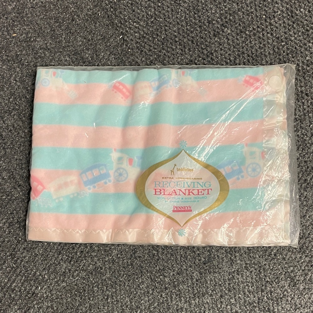 Penney's Vintage Baby Blue Pink Receiving Blanket NEW NOS 70s Cotton 30x40"